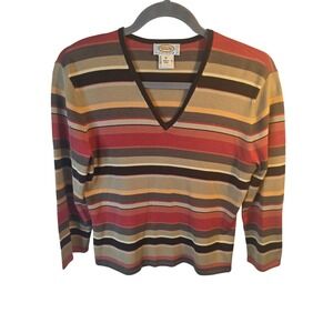Talbots Petites Womens Medium V-Neck Striped Long Sleeve Sweater Multi-Color
